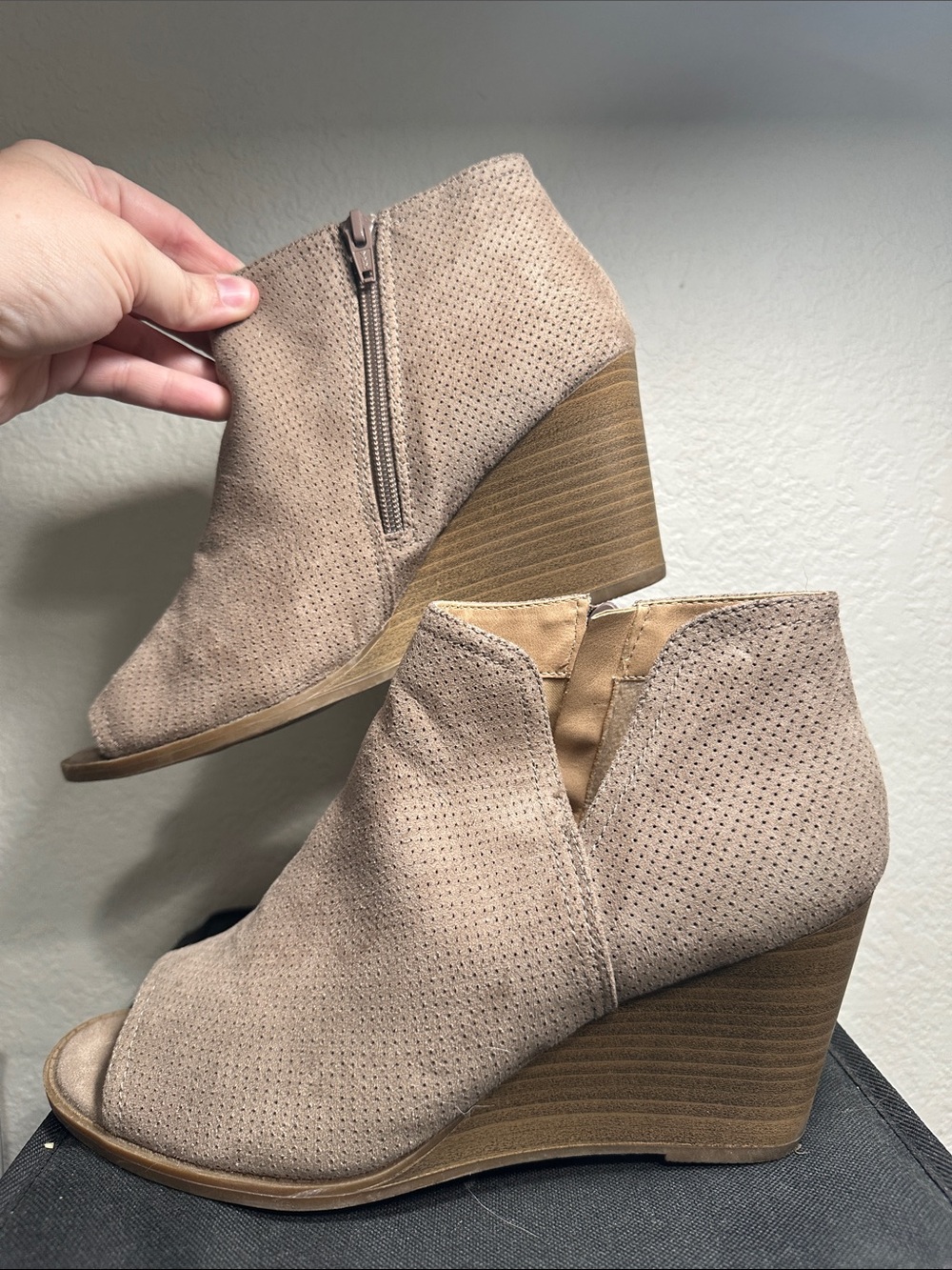 Wedge Peep-Toe Ankle Booties in Taupe